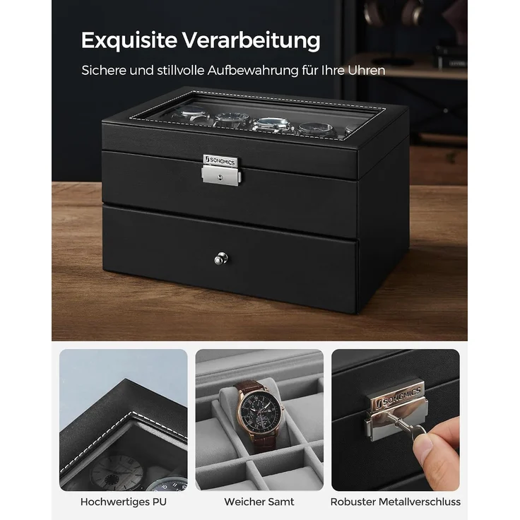 SONGMICS Uhrenbox, Uhrenkasten mit Glasdeckel, 2 Ebenen, Uhrenkoffer mit herausnehmbaren Uhrenkissen, Uhrenschatulle, Geschenkidee, PU-Bezug in Schwarz, Samtfutter in Grau JWB020 – Bild 4