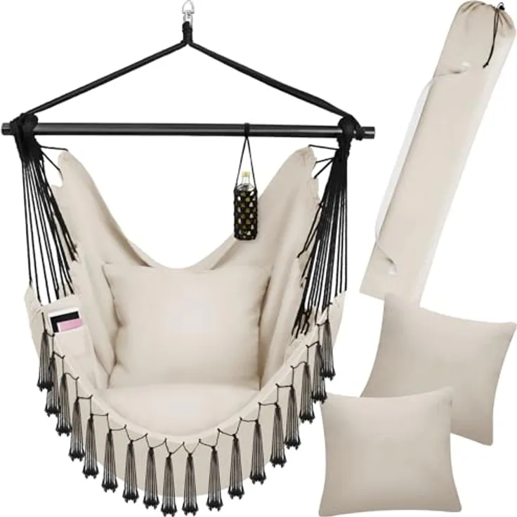 tectake Hängesessel Malika, Beige, Ultrabequemer Hängesitz im Boho-Style mit Kissen, Bücherfach und Getränkehalterung, 100x150x150 cm