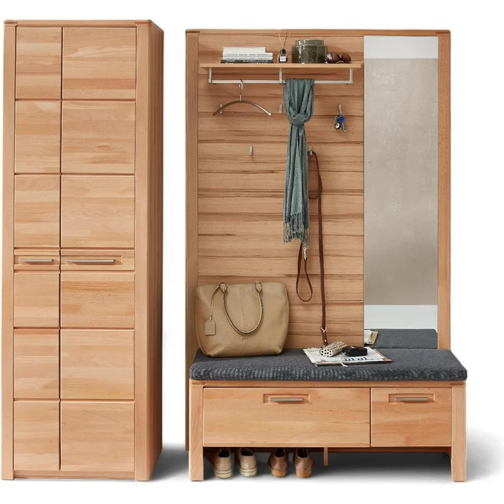Stella Trading Nature ONE Flurgarderoben Set in Kernbuche Teil-massiv FSC-Zertifiziert - Modernes Garderobenset 3-teilig für Ihren Eingangsbereich - 200 x 201 x 40 cm (B/H/T) – Bild 1