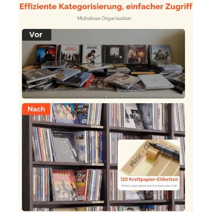 VEVOR DVD-Regal mit 24 Fächern (8 Ebenen), Medienregal Standregal 142 x 22 x 130 cm, Platzsparendes Aufbewahrungsregal für CDs DVDs Bücher Spiele-Discs, Bücherregal für Wohnzimmer/Homeoffice, Braun – Bild 7