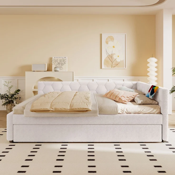 Daybett, 140*200cm Tagesbett, Schlafsofa, Bett mit Lattenrost (ohne Matratze), mit Nachttischlampe, mit multifunktionalem Ausziehbett, USB-Anschluss, Typ-C, Komfortmaterial, Vliesimitat, Weiß – Bild 6