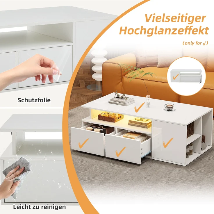 Couchtisch mit LED, 2 Schubladen & 3 seitlichen Fächern, 60 kg Tragkraft, 100x50x35 cm, Weiß – Bild 5