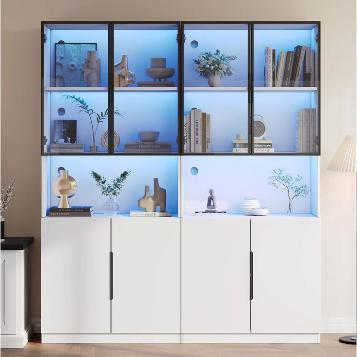 DESVIAE Vitrine mit LED-Beleuchtung, Glastüren und Stauraum 160x200x30 cm aus Spanplatte, Weiß – Bild 2