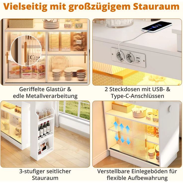 ZUBALIYA Küchenschrank mit Glastüren / Barschrank & Sideboard, mit ausziehbarer Bartisch & Stehtisch mit Stauraum und steckdose, Weiß, 131–170 x 40 x 170 cm, fürs Büro, mit LED, Samt – Bild 7
