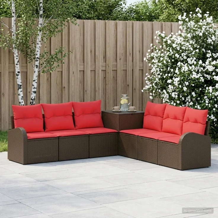 vidaXL Sofa Set 7 stk. Braun und Rot Polyrattan und Stahl 3448701 – Bild 1