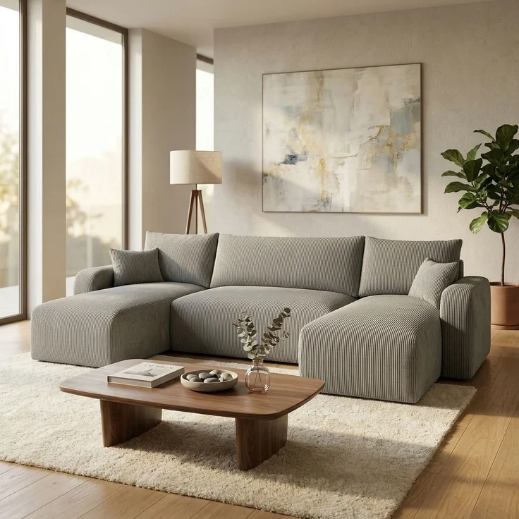 Wohnero24 Habana U Ecksofa 325x153 cm mit Schlaffunktion 281x133 cm – Große Wohnlandschaft U-Form – Sofa U mit Bettkasten – Cord Hellgrau Couch XXL – Familien Sofa Modern – Bild 1