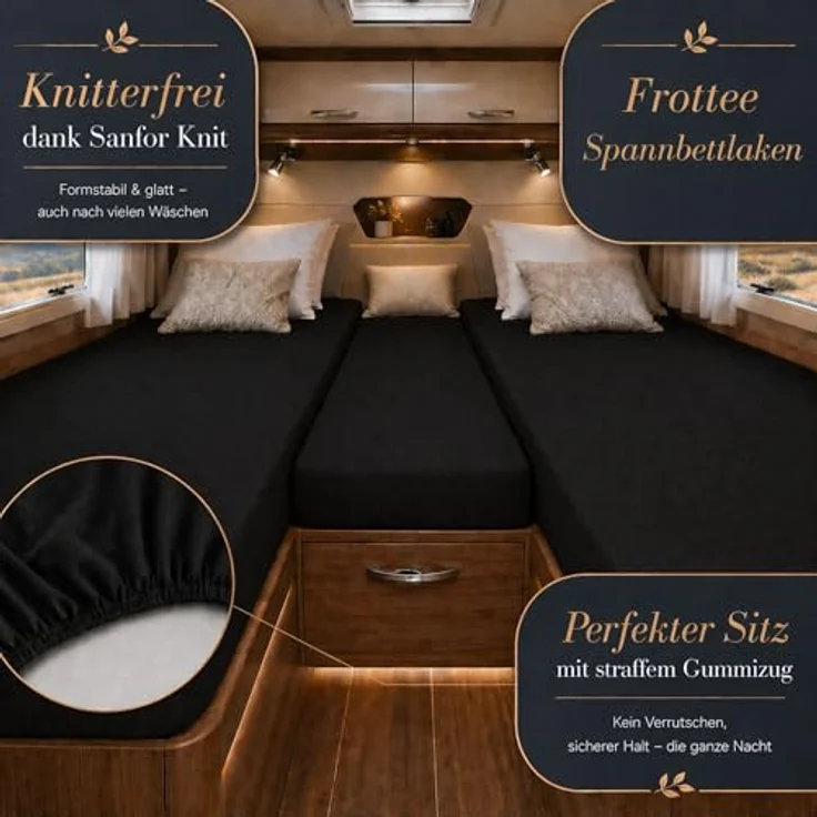 Frottee Spannbettlaken für Wohnmobile Heckbett 3-teilig 2 Längsbetten + 1 Mittelteil Schwarz – Bild 3