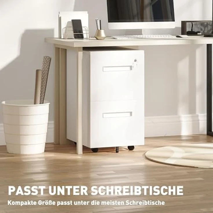 Vinsetto Rollcontainer Aktenschrank mit 2 Schubladen Abschließbarer Rollschrank, (Druckschrank, 1 St, Büroschrank), Stahl 39 x 48 x 67 cm Weiß – Bild 7