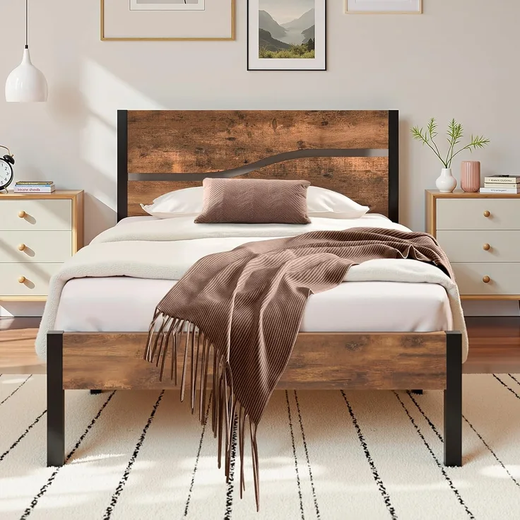 VECELO Bettgestell 90x200 cm Bettrahmen aus Metall mit Lattenrost, Einzelbett Metallbett mit Dick Holzkopfteil, Vintage Gästebett Jugendbett, Perfekt für Schlafzimmer, Braun