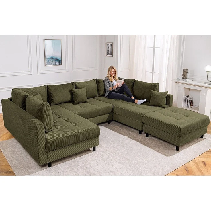 riess-ambiente Wohnlandschaft KENT 305cm grün/schwarz- inkl. Hocker & Kissen, Cord, Rundumbezug, FSC, Einzelartikel 1 Teile, XXL Couch in U-Form - ideal für große Wohnzimmer & Wohnbereiche – Bild 1