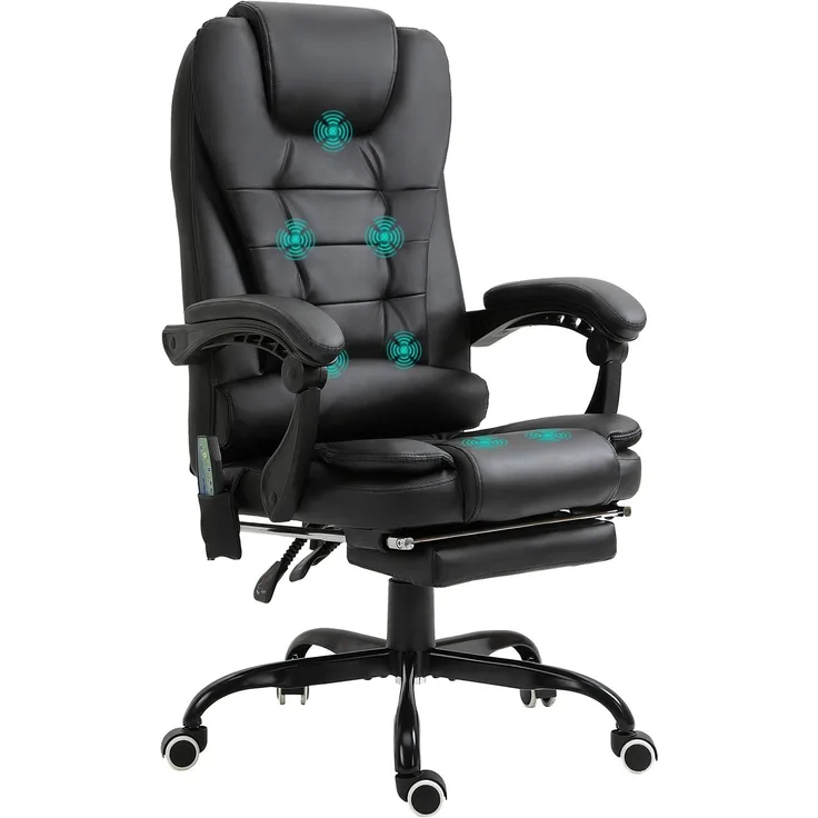 Massage-Bürosessel, Bürostuhl, ergonomischer Stuhl mit Höhenverstellung, neigbarer Rückenlehne und kabelgebundener Fernbedienung, ausziehbarer und um 360° drehbarer Fußstütze, schwarz