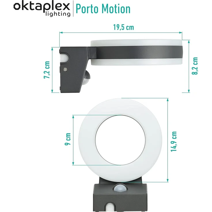 Oktaplex lighting LED Außen-Wandleuchte Porto IP65, Bewegungsmelder, LED fest integriert, Warmweiß, Außenbeleuchtung 15 Watt 1420 Lumen anthrazit – Bild 4