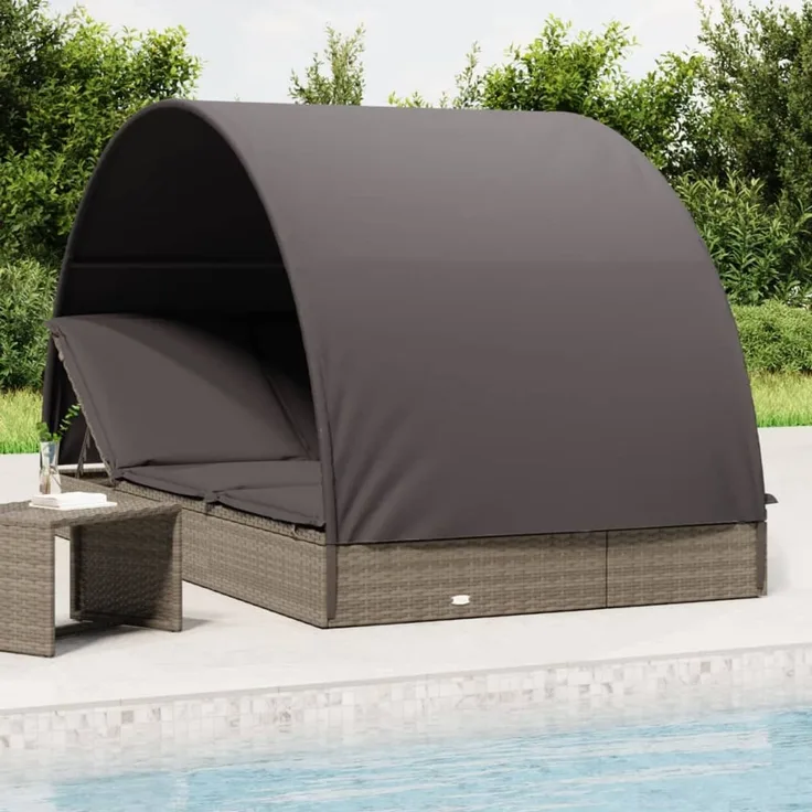 2-Personen-Sonnenliege, Gartenliege mit Dach Grau 211 x 112 x 140 Poly Rattan