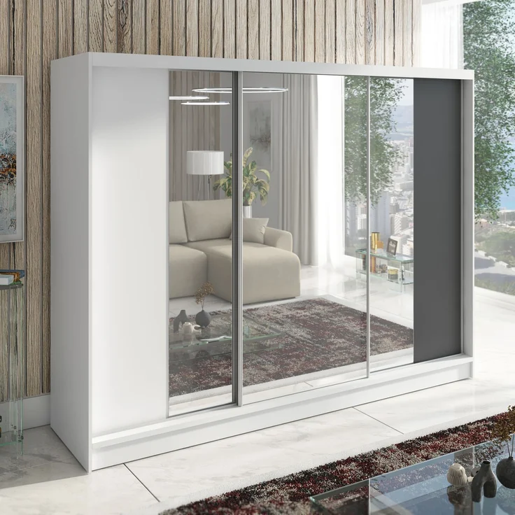 Schwebetürenschrank VENA 3-türig Schrank 200 cm (mit Spiegel) Farbe: Weiß , Graphit – Bild 1