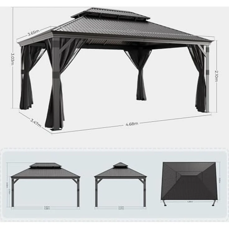 JUMMICO Pavillon 3,65x4,85 m Wasserdicht Stabil Winterfest,Hardtop Pavillion mit Doppeldach,Gartenpavillon mit Vorhängen und Moskitonetzen,Pavilion für Hinterhöfe, Gärten und Rasenflächen, Grau – Bild 2