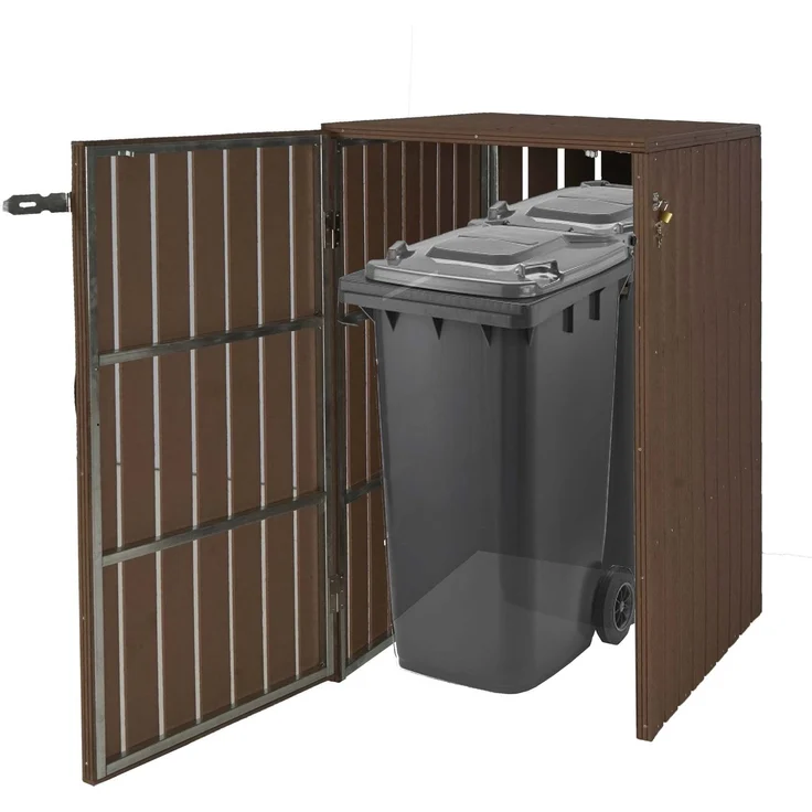 XL 1er-/2er-WPC-Mülltonnenverkleidung HWC-J28, Mülltonnenbox, Metall Holzoptik, erweiterbar ~ braun – Bild 1