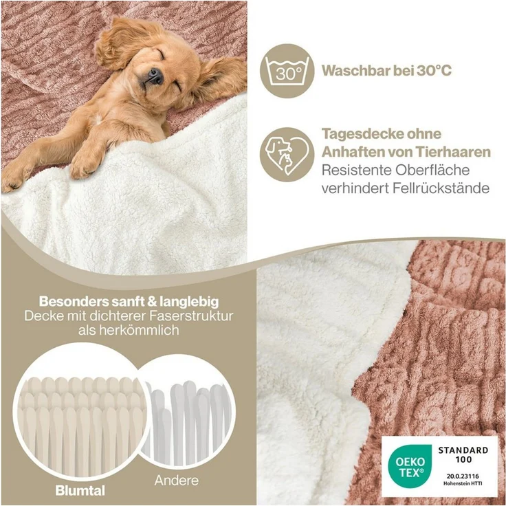 Blumtal Wohndecke, Oeko-TEX zertifiziert, waschbar, weiche Sherpa-Innenseite, Dusty Pink, 130x150 cm – Bild 2