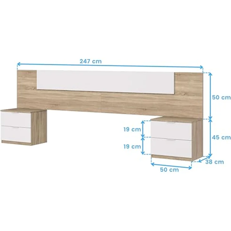 Habitdesign, modernes Kopfteil mit 2 Nachttischen – Schlafzimmer-Set für Doppelbett in Artik weiß & Kanadischer Eiche, viel Stauraum, Maße: 247 x 50 x 38 cm (B x H x T), Modell Alaya – Bild 9