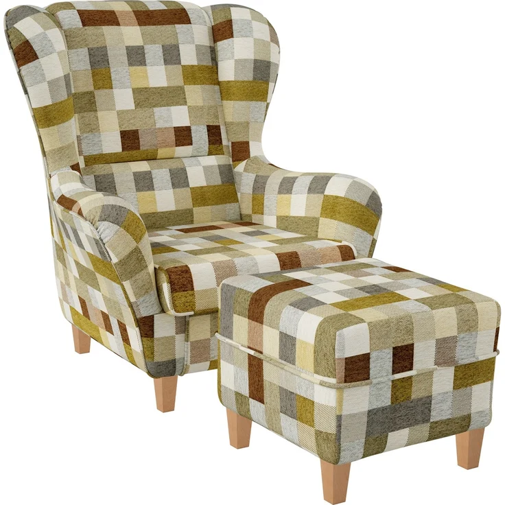 Supellex Sofia Ohrensessel mit Hocker | Design kariert Beige-Ocker – Bild 1