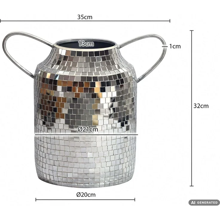 Tischvase Aluminium 32cm Silber - Blumenvase mit Henkel - Metallvase im Discokugel Design Modern - Dekovase rund für Trockenblumen - Alu Standvase Vase Hoch - Wohndeko Handmade – Bild 4