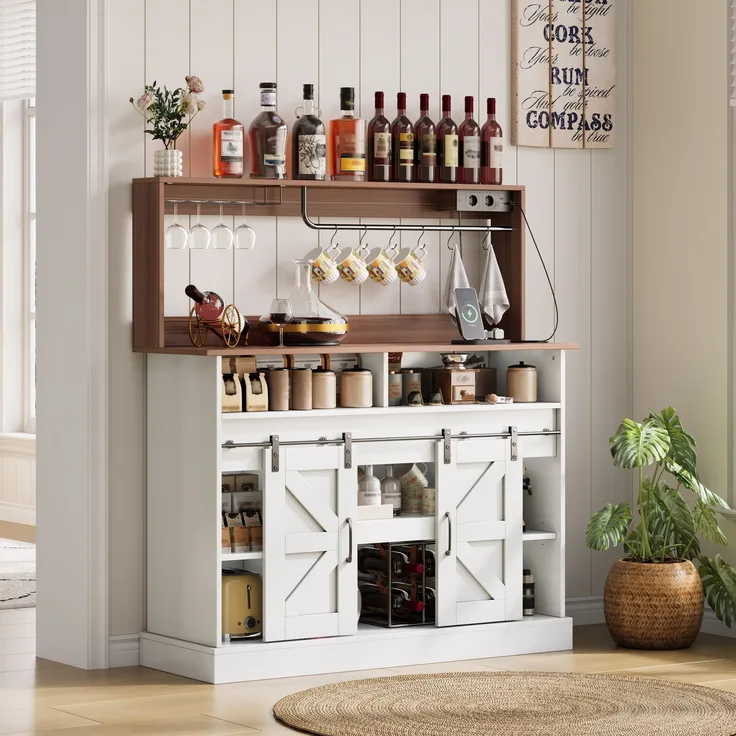 Kaffeebar Schrank mit Steckdosen & USB, 120x40x130 cm Landhausstil – Weinschrank, Sideboard mit Schiebetüren & Gläserhalter