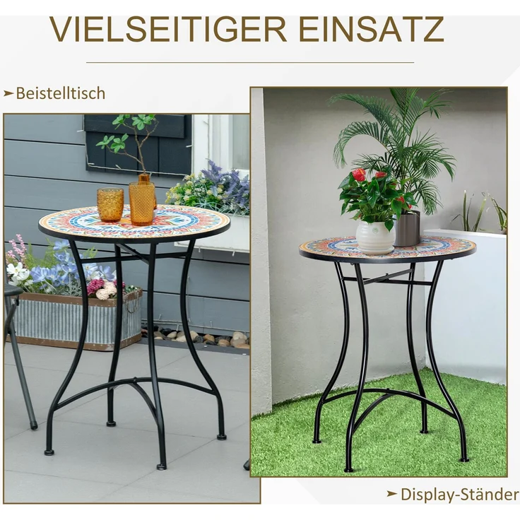 Gartentisch Mosaiktisch rund Bistrotisch Beistelltisch mit Mosaikplatte Keramik Metall Rot+Blau+Weiß Ø60 cm--Netz--60x60x71cm--YOUDENOVA – Bild 5
