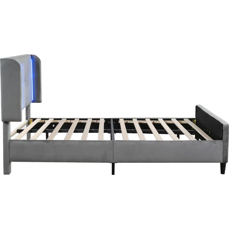 Polsterbett 140x200 Grau mit LED 16 Farben, Samt Doppelbett mit gesteppter Lehne, höhenverstellbarem Kopfteil, modernes LED-Bett – Bild 6