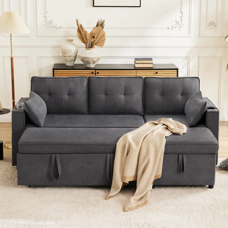 Wohnora-Schlafsofa mit Schlaffunktion, L-förmiges Sofa, modernes Design, Polstermöbel, Sofa, Loungesessel mit Stauraum, mit Getränkehalter, Wohnzimmer-Schlafsofa, links und rechts austauschbar,H 86cm x T 211cm x B 1295cm,Grau – Bild 2