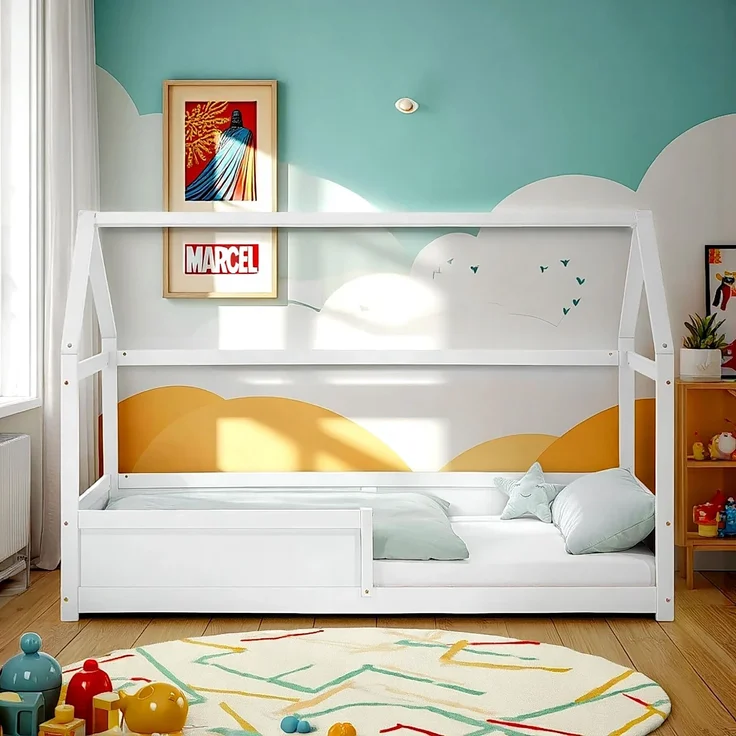 Kinderbett 90x200 cm Bodenbett Hausbett Holzbett Rausfallschutz Montessori Bett Weiß Kleinkinderbett Lattenrost – Bild 2