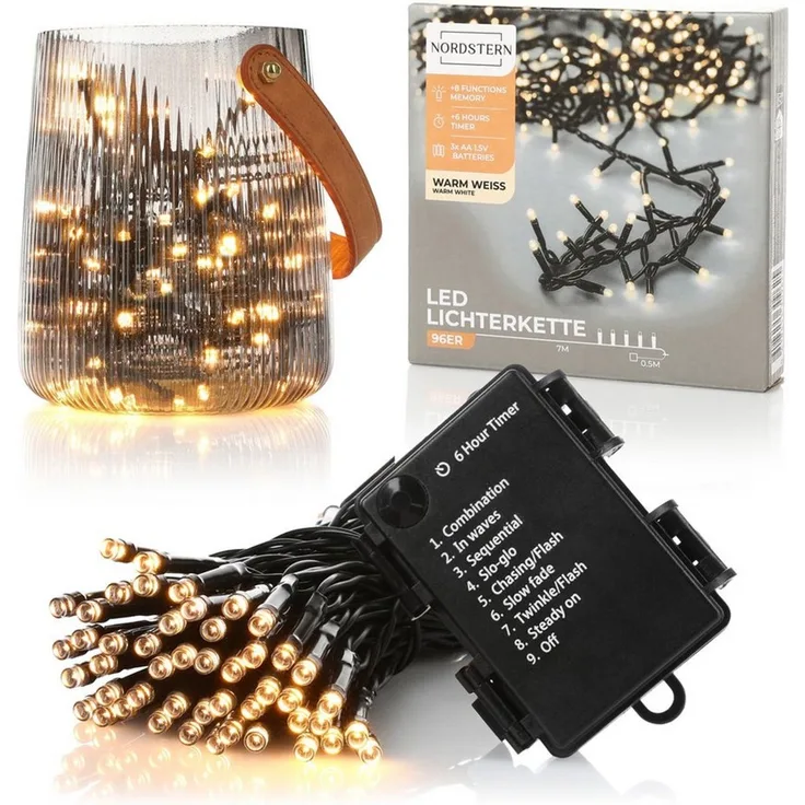 Nordstern LED-Lichterkette WarmWeiß von 24 bis 1.200 LED Weihnachtsdeko für Innen und Außen, Batteriebetrieben 96 LED - 7 m für Weihnachtsbaum
