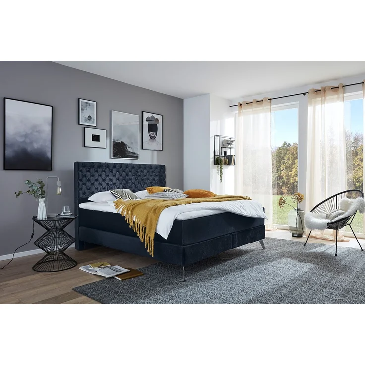 KAWOLA Bett SINDAR Boxspringbett Stoff dunkelblau Fuß silber ohne Topper 160x200cm – Bild 1
