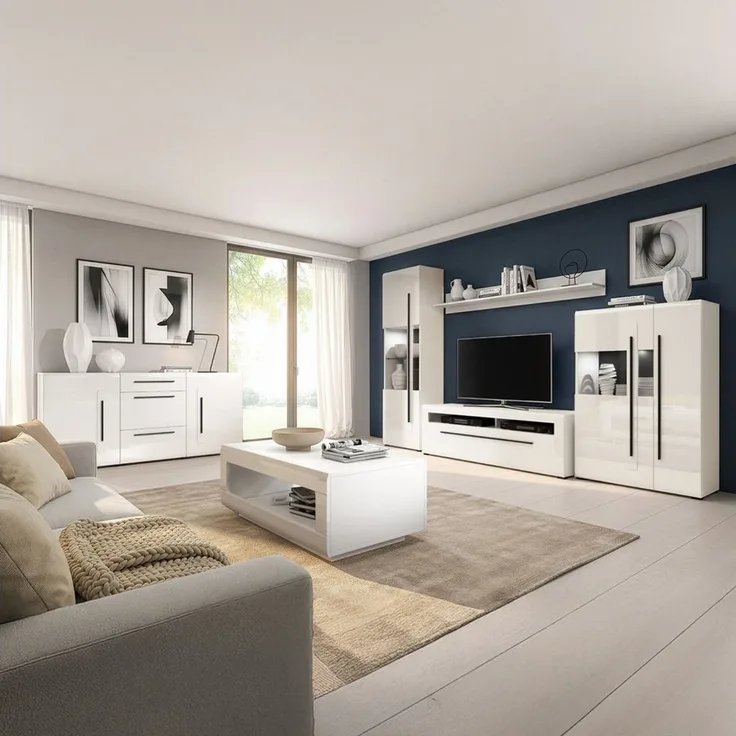 Lomadox Wohnzimmer-Set TURDA-83, (Mega-Spar-Set, 6-St, Couchtisch Highboard Lowboard Sideboard Vitrine Wandregal), weiß Hochglanz modern Metallgriffe Softclose-Türen Beleuchtung