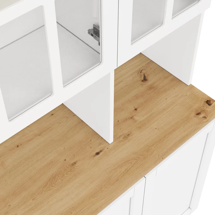 ZUBALIYA Vitrinenschrank 120x200cm, Buffetschrank mit LED-Beleuchtung, Küchenschrank mit Glasrahmentüren, Weiß mit Holzoptik, großer Wohnzimmerschrank als Barschrank, Geschirrschrank und Aufbewahrungsschrank – Bild 12
