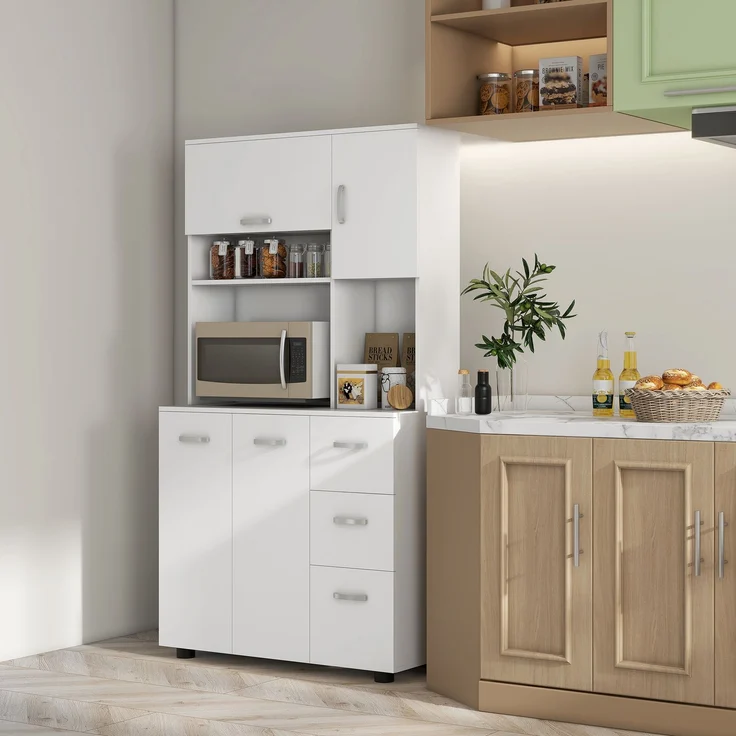 Rayofly-Küchenschrank Buffet mit 3 Schubladen & 3 Regalen, viel Stauraum, Weiß, H 168cm x T 89cm x B 39,5cm – Bild 4