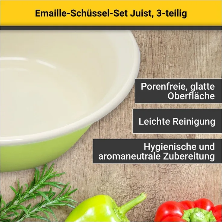 Krüger Schüssel Emaille Schüssel-Set Juist, 3 tlg. (20, Ø 24 und Ø 28 cm), Emaille, (Set, 3-tlg), emailliert, geruchsneutral, geschmacksneutral, kratzfest, schnittfest