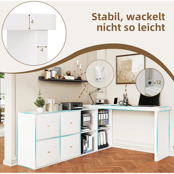 Ecktisch mit 360° schwenkbarer Tischplatte und 8 Fächern aus MDF, 120x48x78 cm, Weiß – Bild 7