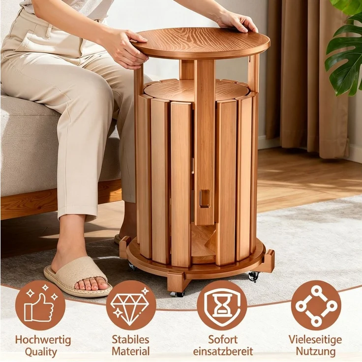Rutaqian Sitzhocker Massivholz Stapelhocker 4er Set mit Rollen, runde Hocker (Ein 4-teiliges Set), 4 Hocker als ein Möbelstück – stapelbar, Massivholz & mit Rollen – Bild 3