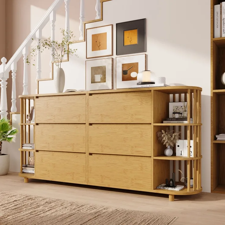 Sideboard Eiche Retro-Römisch mit 6 Schubladen & Bambusregalen, Kippsicher, Wohnzimmer Flur Küche Aufbewahrung