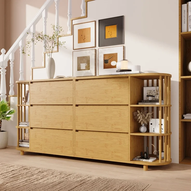 Sideboard Eiche Retro-Römisch mit 6 Schubladen & Bambusregalen, Kippsicher, Wohnzimmer Flur Küche Aufbewahrung – Bild 1