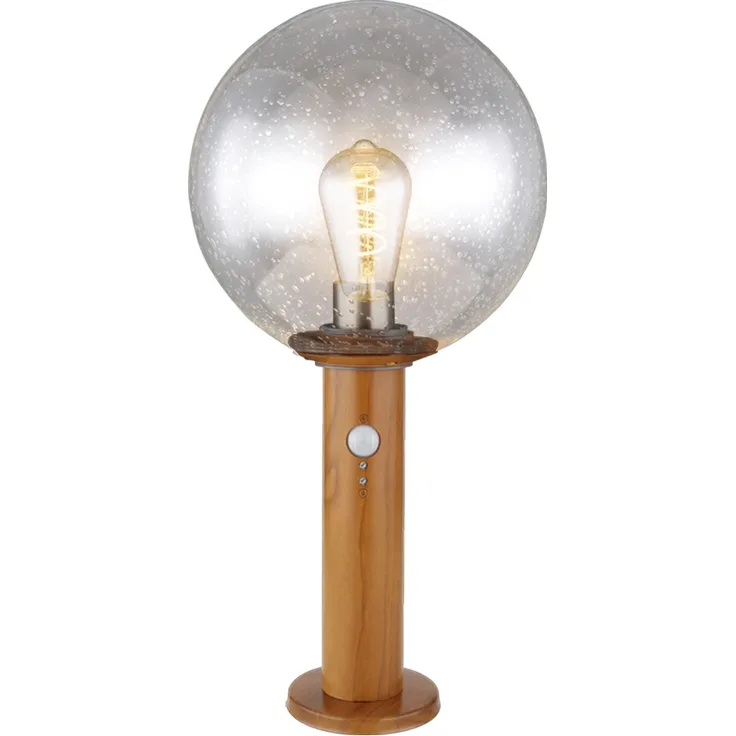 Sockelleuchte, Glaskugel, Holzoptik, Bewegungsmelder, H 38 cm