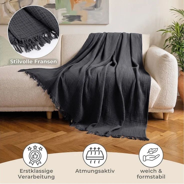 Laynenburg Tagesdecke Musselin mit Fransen aus 100% Baumwolle – Baumwolldecke, Wohndecke als Sommerdecke, Bett-Überwurf, Sofa-Decke, Kuscheldecke – Bild 3