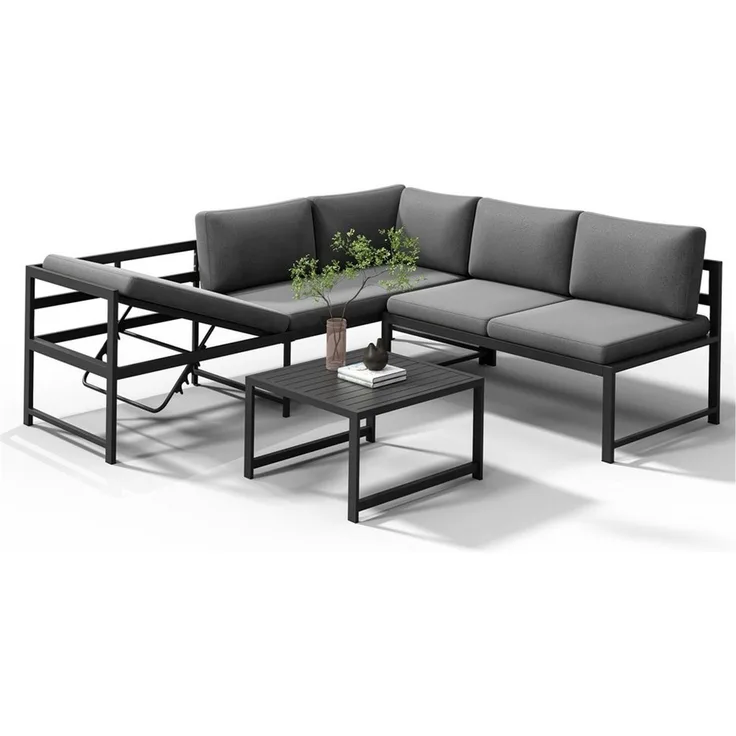 Melko Gartenlounge-Set Ecklounge mit Liegefunktion Aluminium Sitzgruppe wetterfest Grau, (Set, 3-tlg, 2 Sofa, 1 Tisch, 11 Auflagen), Liegefunktion durch verstellbare Rückenlehne