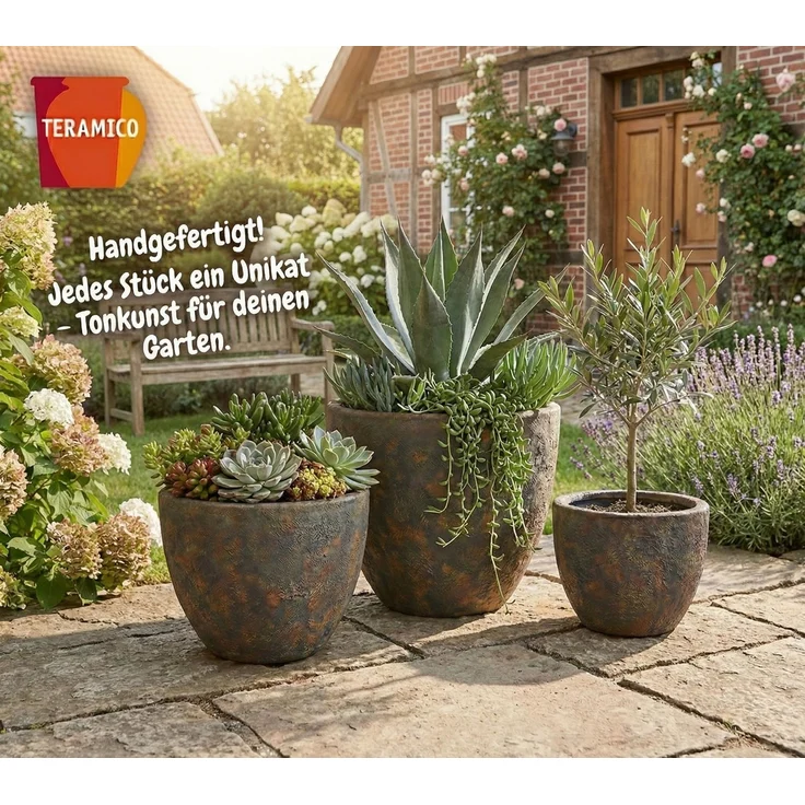Keramik Blumentopf Eggpot Lava Braun Ø 21cm Struktur Übertopf geschliffen Unikat – Bild 2