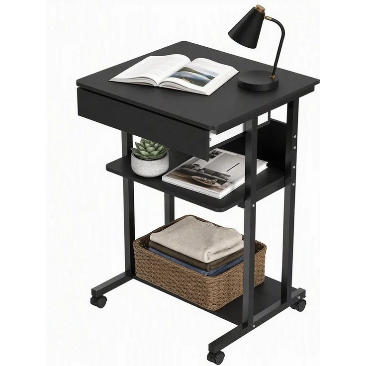 JEOBEST Computertisch Schreibtisch mit Rollen Laptoptisch, (1-St, Standregal) Beistelltisch aus Stahl mit Ablage und Schublade – Bild 2