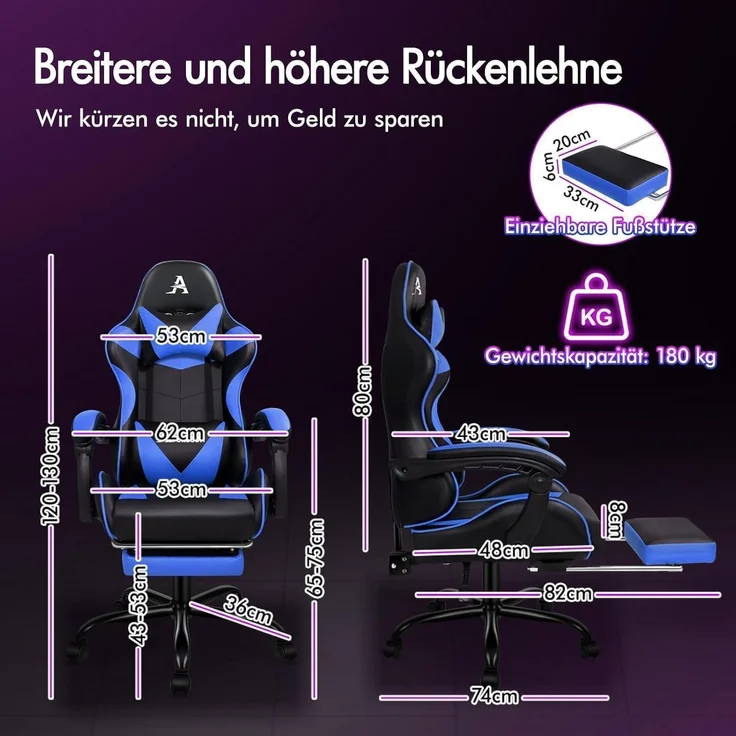 Gaming-Stuhl LED Racing Gamer mit 12-Farben RGB Massage Lordosenstütze Fußstütze – Bild 2