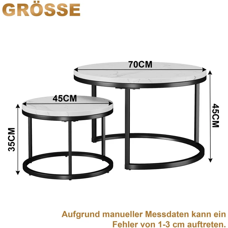 Nesting-Couchtisch 70x70x45 cm – 2-teiliges Set in Schwarz & Weiß, platzsparend verstaubar – Bild 9