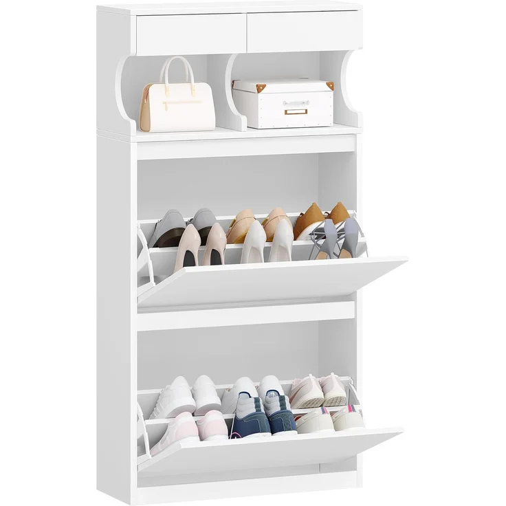 Schuhschrank, Schuhregal Schuhkipper Schmal, Verstellbar, Schuhkommode für Eingang, Flur, Garderobe, 12 Paar, 2 Klappen (60B cm), Weiß – Bild 2