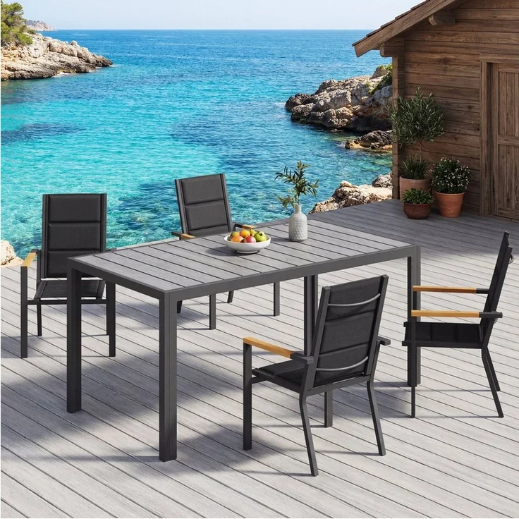 HOMALL Gartentisch Holzoptik Esszimmertisch 100kg Belastbarkeit, für 4-10 Personen (150/180cm Garten-Esstisch wetterfest Aluminiumrahmen Verstellbare Füße, für Außenbereich) – Bild 1