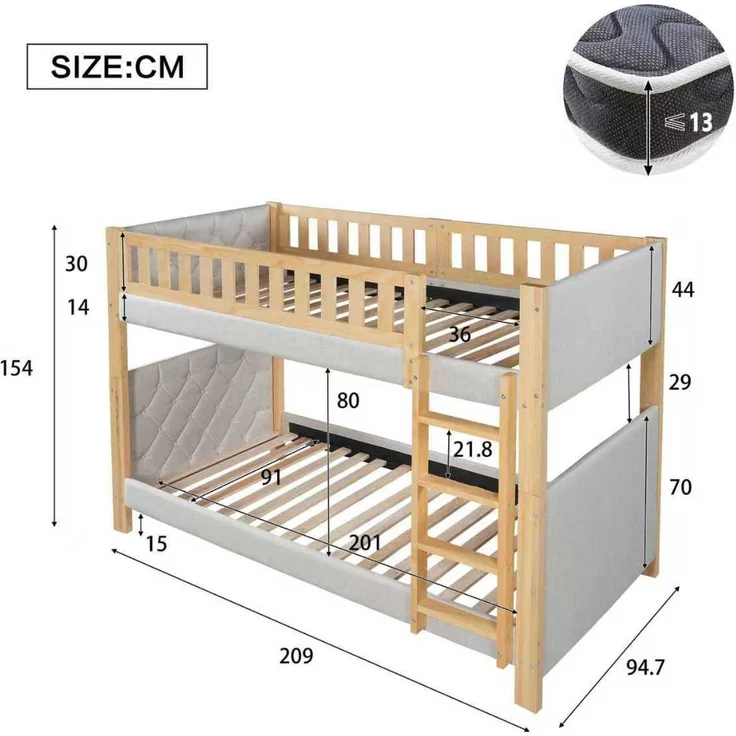 Merax Etagenbett, 90x200cm Kinderbett, Weiche Antikollisions-Schwammkante, Vierstufige gerade Treppe, Stabile Lattenroste, Grau+Natur – Bild 4