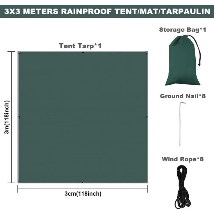 Flintronic Tarp 3x3m Wasserdicht Sonnensegel Camping UV Schutz Heringe Seile – Bild 2
